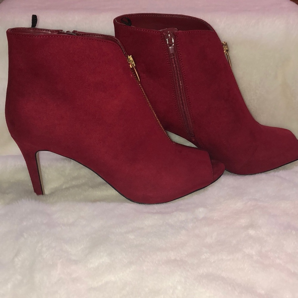 Red suede high heel booties